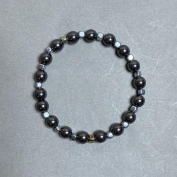 Hematite Ball Bead Bracelet, 7.5 mm diameter balls, 4 mm cubes, 18 cm length, stretch