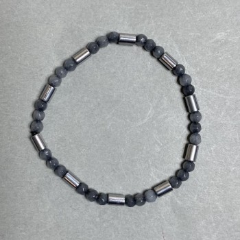 Bracelet Hematite Cylinder 6x4 mm +/- Labradorite imitation Faceted Bead 4 mm +/-, length 18 cm stretch