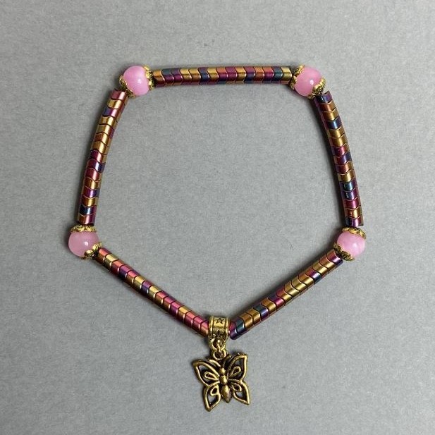 Hematite Wave Bracelet 4x2 mm + Pink Quartz (Imitation) Beads 6 mm, 18 cm Stretch