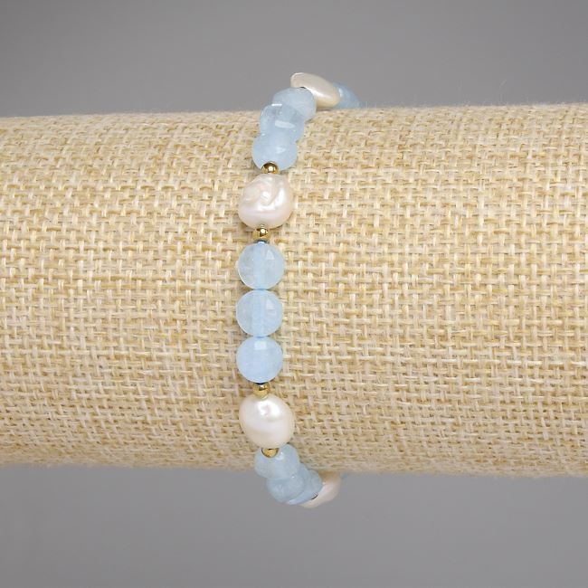 Bracelet Aquamarine Faceted Coin Beads 6mm ± Freshwater Pearls 7–8x7–7.5mm ± Hematite Bead 2mm ±, Length 18cm Stretch