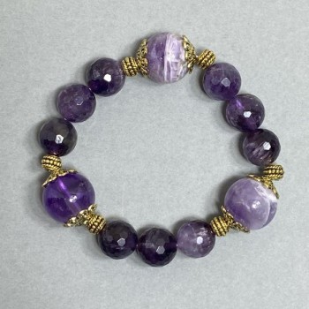 Chevron Amethyst Bracelet with 16mm Beads and 12mm Faceted Amethyst Beads +/- with Inserts, 18cm Stretch