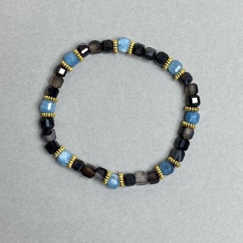 Bracelet of Apatite, Agate and Smoky Quartz, Faceted Cubes 5×5 mm ±, with Metal Inlays, Length 18 cm Stretch