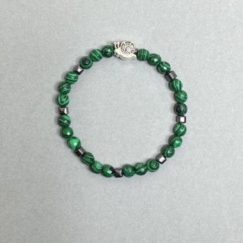 Malachite Bracelet with Faceted Beads, 8 mm Diameter ±, Hematite Cubes 4×4 mm ±, Length 18 cm (Stretch)