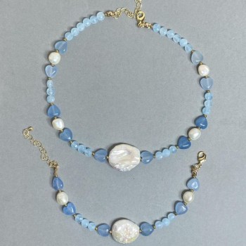 Aquamarine, Freshwater Pearls, and Baroque Pearl Choker and Bracelet Set, Adjustable Size