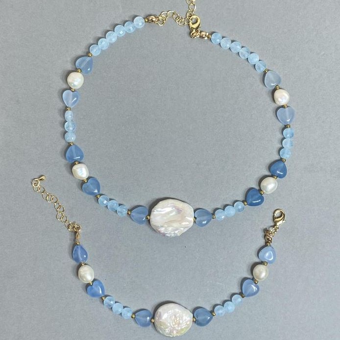 Aquamarine, Freshwater Pearls, and Baroque Pearl Choker and Bracelet Set, Adjustable Size