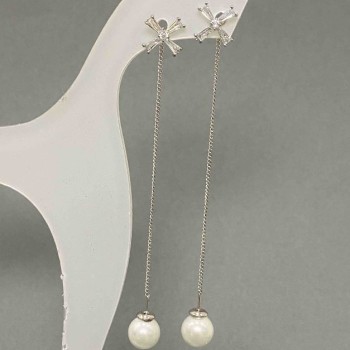 Cross earrings 10x10 mm ± on a chain, white crystals, Pearl 8 mm ±, length 8 cm ±