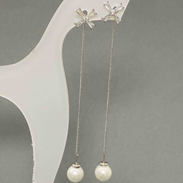 Cross earrings 10x10 mm ± on a chain, white crystals, Pearl 8 mm ±, length 8 cm ±