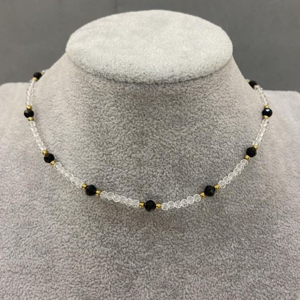 Choker Czech Crystal Faceted Rondelle 3x2.5 mm + Tourmaline Bead 4 mm, Length 38 cm with 5 cm Extender Chain