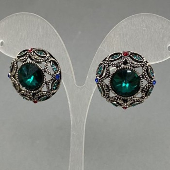 Ear studs with green crystals, red and green rhinestones, silver-toned metal 22mm+
