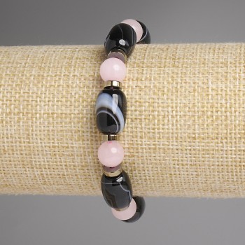 Bracelet with pink quartz beads 8mm +- Agate Barrel 14x10mm +- Hematite Rondelle 6x2mm +-, length 18mm +- stretch