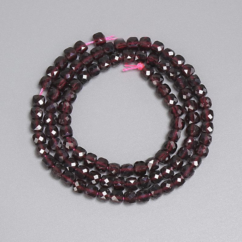 Garnet Beads, Faceted Cubes 4x4 mm, Length About 39 cm on Thread