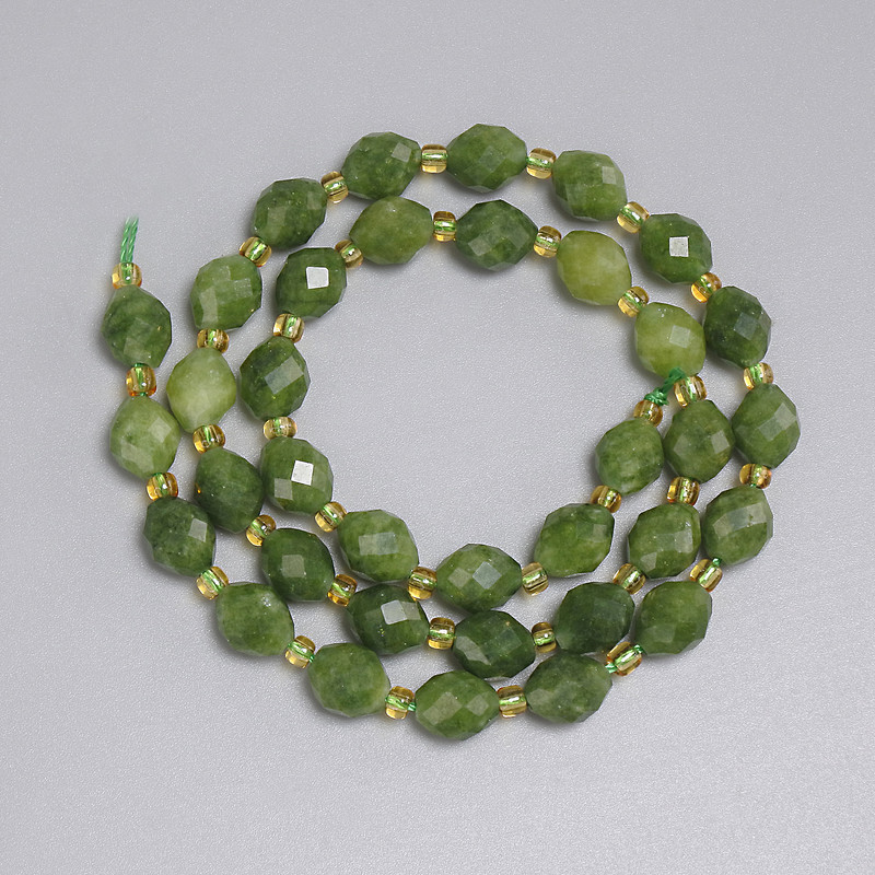 Jadeite Beads - Faceted Grain 8x7mm, 3mm Seed Beads, Length 38cm, on Thread