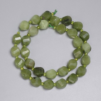 Jadeite Beads, Faceted Diamond Shape 10×9 mm, 3 mm Seed Beads, Length approx. 38 cm, On Thread