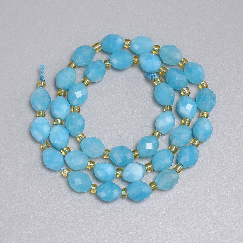 Aquamarine Beads, Faceted Grain Beads 8x6 mm, 5 mm ±, Seed Beads 3 mm ±, Length 36 cm ± on Thread