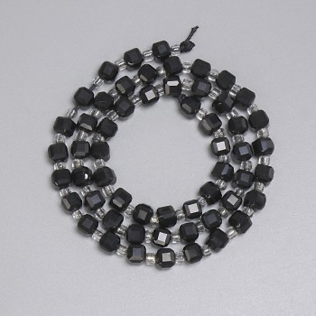 Beads Black Tourmaline Faceted Cube 5x5 mm +/- with 3 mm seed beads +/- on thread, length about 38 cm +/-
