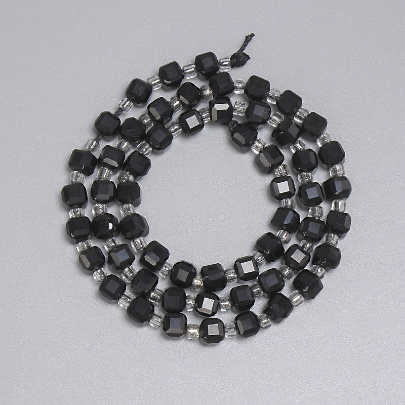 Beads Black Tourmaline Faceted Cube 5x5 mm +/- with 3 mm seed beads +/- on thread, length about 38 cm +/-
