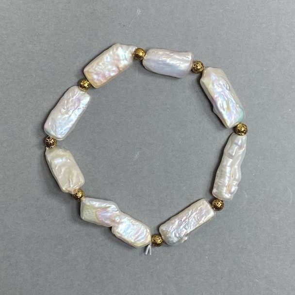 Baroque Pearl Bracelet with Petrol Tint, 18-22×8-10 mm, with metal accents, 18 cm length, stretch