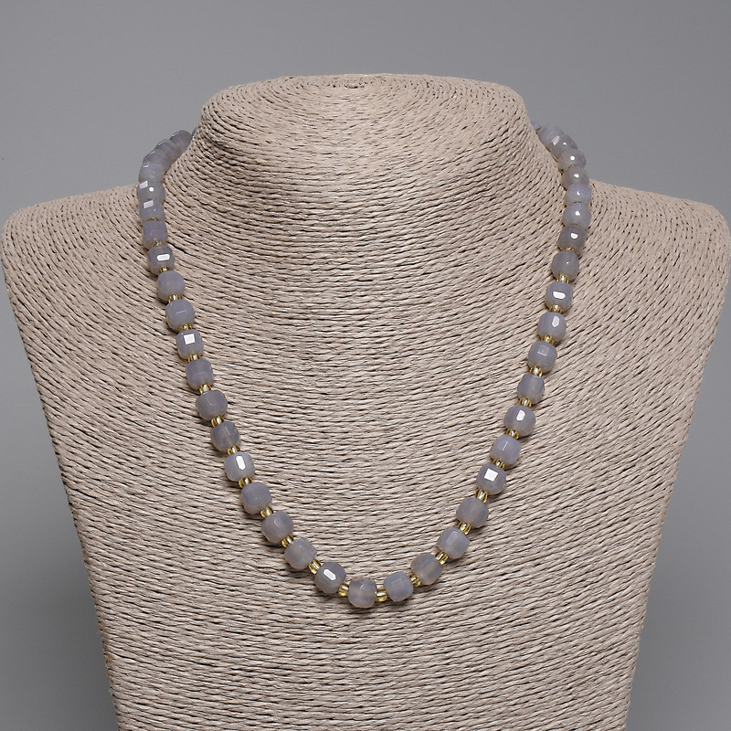 Faceted Smoky Agate Necklace with Cube Beads 7x7 mm, 3 mm Seed Beads, Length 45 cm with Clasp