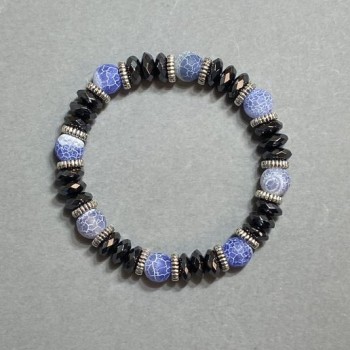 Bracelet with frosted agate beads and hematite faceted rondelles, 8 mm and 8x3 mm, 18 cm stretch