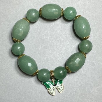 Jade Bead Bracelet, 12 mm Beads, 20x15 mm Faceted Rondelle, with Metal Inserts, 18 cm Stretch