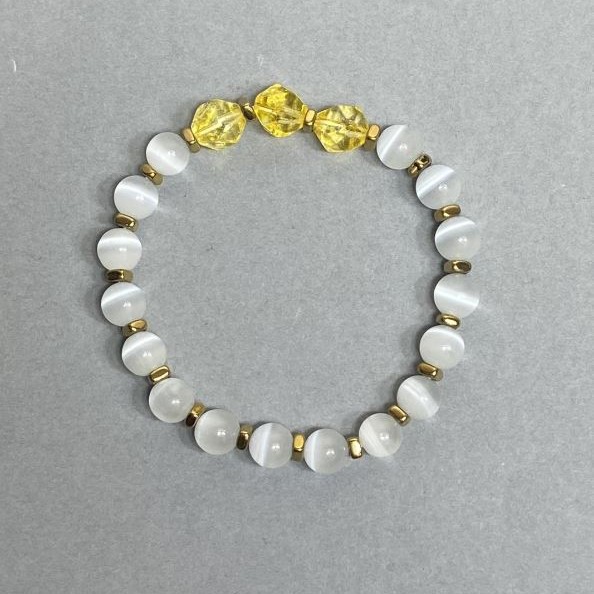 Cat's Eye Bead Bracelet 8 mm with Citrine Facets 10x8 mm and Hematite Rondelles 4x2 mm, 18 cm Stretch