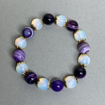 Agate and Moonstone Bead Bracelet, 10mm Beads, with Inlays, 18 cm Stretch