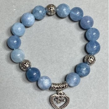Aquamarine bead bracelet 10mm +/- with metal inserts, length 18 cm stretch