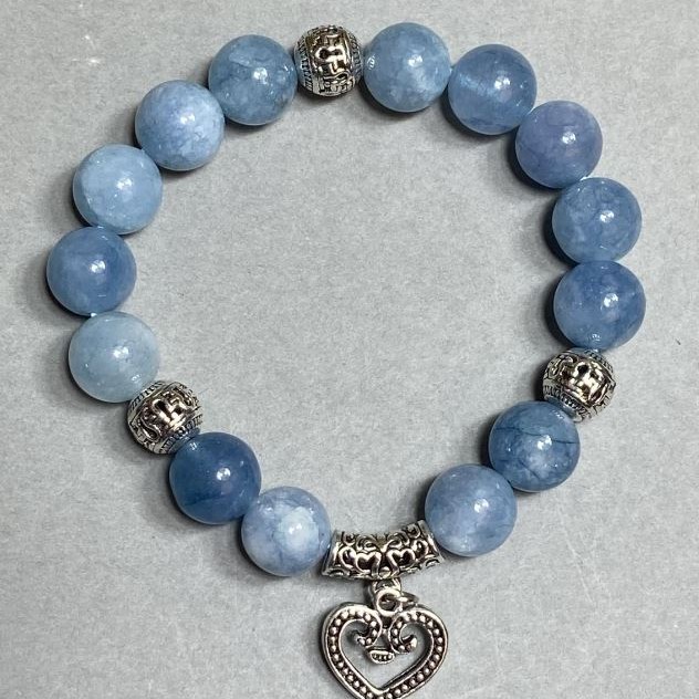 Aquamarine bead bracelet 10mm +/- with metal inserts, length 18 cm stretch