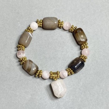 Bracelet Botswana Agate Teardrop 16x11mm +/- Pink Quartz Bead 9mm +/- with Metal Inserts, 18cm Stretch
