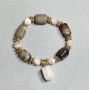 Bracelet Botswana Agate Teardrop 16x11mm +/- Pink Quartz Bead 9mm +/- with Metal Inserts, 18cm Stretch