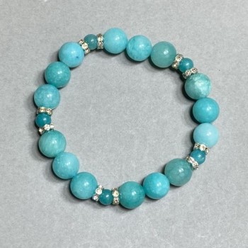 Aquamarine Bead Bracelet 6–10 mm with Metal Inserts, 18 cm Elastic