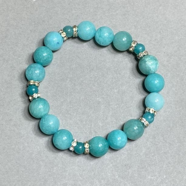 Aquamarine Bead Bracelet 6–10 mm with Metal Inserts, 18 cm Elastic
