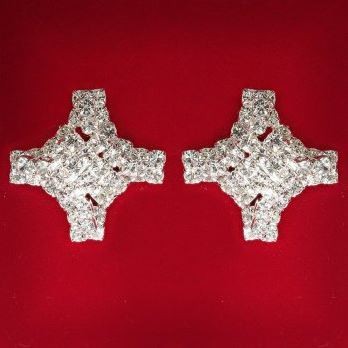 (25x25 mm) Women's earrings with white rhinestones, light metal, wedding and evening wear, studs or clip-ons, large cross