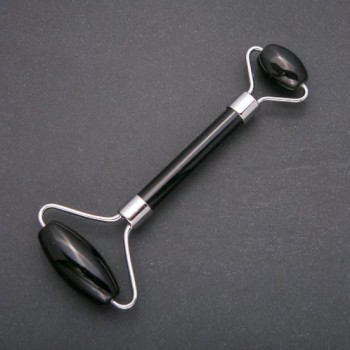Double-sided Black Agate Stone Massager, 14.5 cm, silver metal