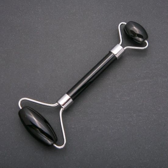 Double-sided Black Agate Stone Massager, 14.5 cm, silver metal