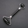 Double-sided Black Agate Stone Massager, 14.5 cm, silver metal