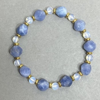 Bracelet with Aquamarine and Moonstone, Diamond-Shaped Beads 9x8 mm, Moonstone Beads 6 mm, with Metal Inserts, 18 cm Stretch