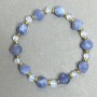 Bracelet with Aquamarine and Moonstone, Diamond-Shaped Beads 9x8 mm, Moonstone Beads 6 mm, with Metal Inserts, 18 cm Stretch