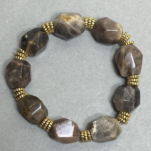 Sunstone Bracelet, Faceted 16-18×12-15 mm ± with Metal Inlays, 18 cm Stretch