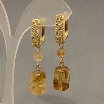 Citrine Earrings, Faceted Cylinders 15x9mm +-, Bead 6mm +-, Length 46mm +-