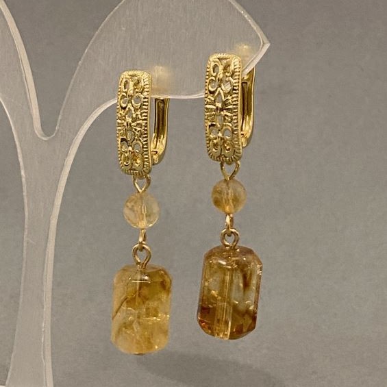 Citrine Earrings, Faceted Cylinders 15x9mm +-, Bead 6mm +-, Length 46mm +-