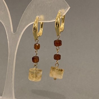 Earrings Citrine Cylinder 9x6 mm + Hessonite (Yellow Garnet) Cube 4 mm +, Length 42 mm +
