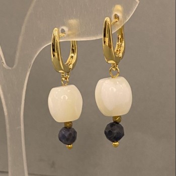 Earrings with Mother-of-Pearl Barrel (10x9) and Faceted Sapphire Ball (5.5 mm), Length 33 mm