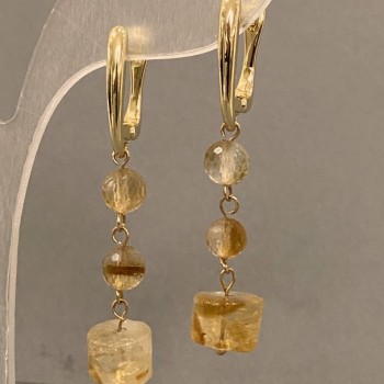 Citrine Faceted Ball Earrings, 6 mm ±, Cylindrical Element 9×6 mm ±, Length 46 mm ±