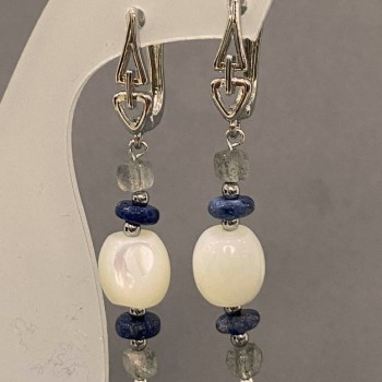 Earrings with Mother-of-Pearl Barrel 10x9.5 mm ± Sodalite Rondelle 6x2 mm ± Labradorite Cube 4 mm ±, Length 52 mm