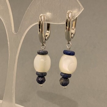 Earrings Mother-of-Pearl Barrel 10x9, 5mm +-, Sodalite Rondelle 6x2mm +-, Sapphire Ball 5mm +-, Length 41mm +-
