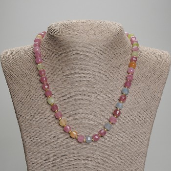 Tourmaline Necklace with Faceted Cubes, 7×7 mm diameter, 3 mm seed beads, length about 45 cm with clasp