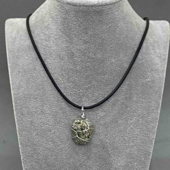 Unpolished Pyrite Pendant in Braided Wrap, Assorted Diameters 25x12x37-20x15x30 mm +/- on Cord, Length 50 cm +/- Chain