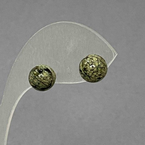 Green Serpentine Bead Stud Earrings (pressed), Silver-tone Metal, 8mm