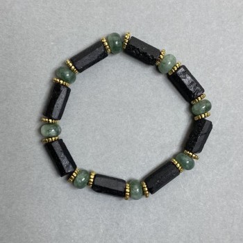 Bracelet with Schorl Tourmaline, Faceted, 15x7 mm; Jadeite Rondelles 8x5 mm; Length 18 cm; Stretch